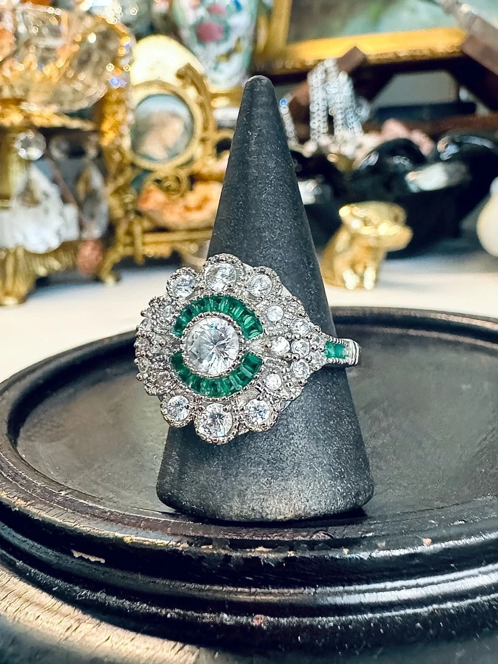 Sterling Silver Art Deco Emerald & White CZ Target Ring (9)
